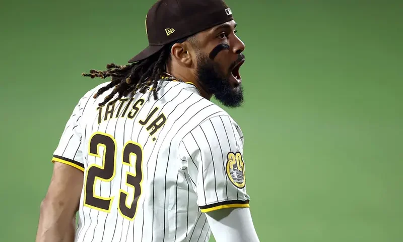 Fernando Tatis Jr. #23 of the San Diego Padres celebrates after beating the Los Angeles Dodgers 6-5 in Game Three of the Division Series at Petco Park on October 08, 2024 in San Diego, California. (Photo by Katelyn Mulcahy/Getty Images)