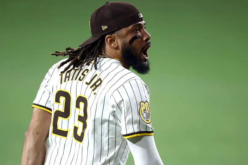 Fernando Tatis Jr. #23 of the San Diego Padres celebrates after beating the Los Angeles Dodgers 6-5 in Game Three of the Division Series at Petco Park on October 08, 2024 in San Diego, California. (Photo by Katelyn Mulcahy/Getty Images)