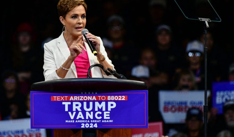 Republican candidate for US Senate Kari Lake speaks at a campaign rally for former US President and Republican presidential candidate Donald Trump at Findlay Toyota Arena in Prescott Valley, Arizona, on October 13, 2024. (Photo by Caitlin O'Hara / AFP) (Photo by CAITLIN O'HARA/AFP via Getty Images)