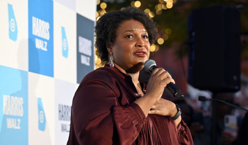 CANTON, GEORGIA - OCTOBER 09: Stacey Abrams speaks onstage during the Cherokee County Reproductive Freedom Rally at Thrive Canton on October 09, 2024 in Canton, Georgia. (Photo by Paras Griffin/Getty Images)