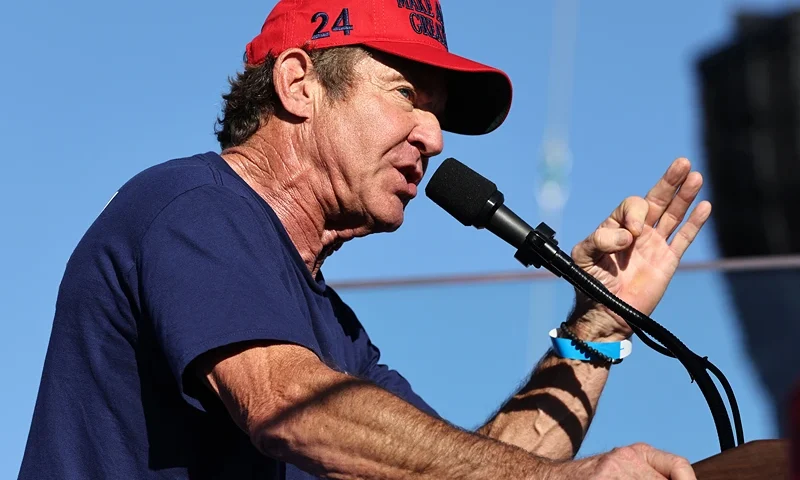 Actor Dennis Quaid speaks at a campaign rally for Republican presidential nominee, former U.S. President Donald Trump on October 12, 2024 in Coachella, California. With 24 days to go until election day, former President Donald Trump is detouring from swing states to hold the rally in Democratic presidential nominee, Vice President Kamala Harris' home state. (Photo by Mario Tama/Getty Images)