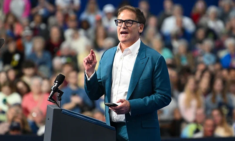 Entrepreneur Mark Cuban speaks at a campaign event for US Vice President Democratic presidential nominee Kamala Harris at University Wisconsin-La Crosse in La Crosse, Wisconsin, on October 17, 2024. (Photo by Craig Lassig / AFP) (Photo by CRAIG LASSIG/AFP via Getty Images)