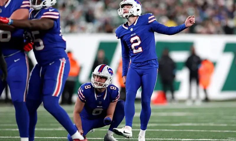 Tyler Bass #2 of the Buffalo Bills in action against the New York Jets at MetLife Stadium on October 14, 2024 in East Rutherford, New Jersey. (Photo by Luke Hales/Getty Images)