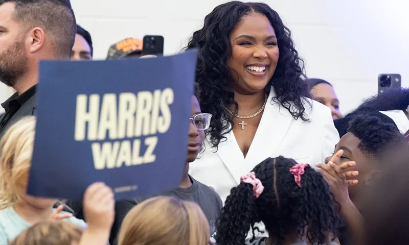 US singer Lizzo attends a get out the vote campaign rally with Vice President and Democratic presidential candidate Kamala Harris at Western International High School in Detroit, Michigan, October 19, 2024. (Photo by SAUL LOEB / AFP) (Photo by SAUL LOEB/AFP via Getty Images)