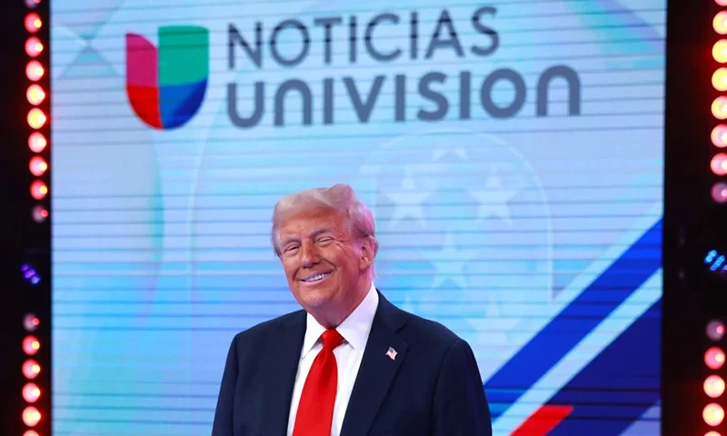 DORAL, FLORIDA - OCTOBER 16: Republican presidential nominee, former U.S. President Donald Trump reacts during a Univision Noticias town hall event on October 16, 2024 in Doral, Florida. Trump addressed undecided Latino voters as he continues campaigning against his rival, Democratic presidential nominee, U.S. Vice President Kamala Harris. (Photo by Joe Raedle/Getty Images)