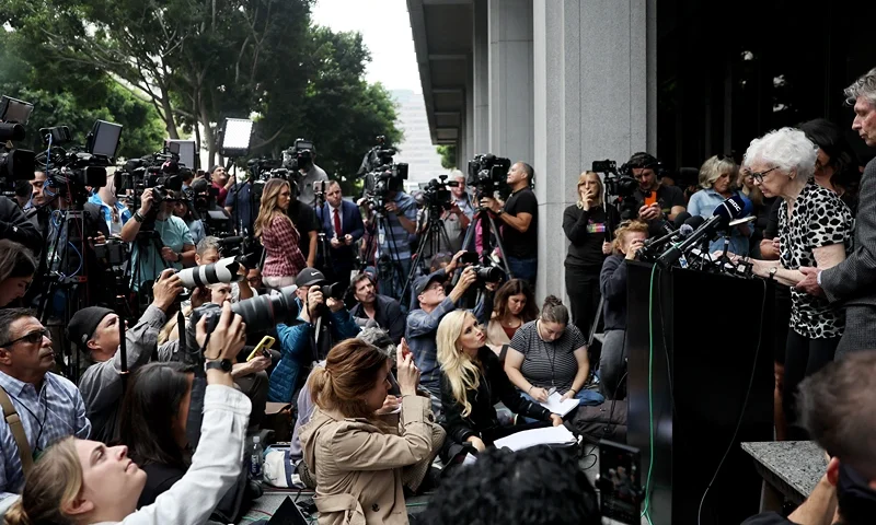 LOS ANGELES, CALIFORNIA - OCTOBER 16: Joan Andersen VanderMolen, Kitty Menendez' sister, speaks at a press conference outside the Criminal Courts Building on October 16, 2024 in Los Angeles, California. Members of Menendez's family held the news conference to call for the release of brothers Lyle and Erik Menendez from prison nearly thirty years after their conviction in 1996 for killing their parents in Beverly Hills. The district attorney's office is looking at new evidence which supports the brothers' claim they were sexually abused by their father. (Photo by Mario Tama/Getty Images)