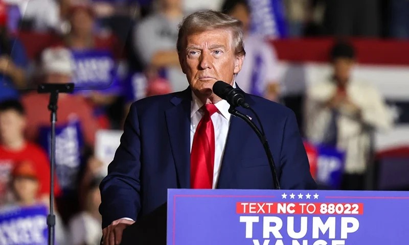 Former US President and Republican presidential candidate Donald Trump speaks during a campaign rally at the Williams Arena at Minges Coliseum in Greenville, North Carolina, October 21, 2024. (Photo by Logan CYRUS / AFP) (Photo by LOGAN CYRUS/AFP via Getty Images)