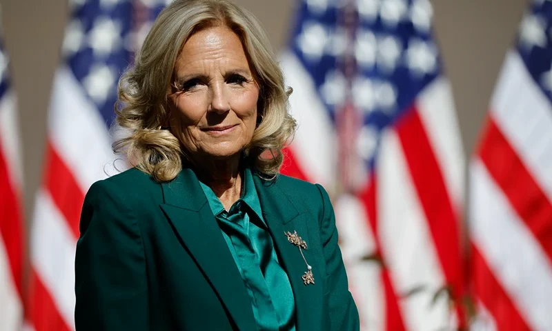 WASHINGTON, DC - OCTOBER 21: U.S. first lady Dr. Jill Biden hosts a Rose Garden event to celebrate new educational enhancements to the official public tour of the executive mansion, at the White House on October 21, 2024 in Washington, DC. The enhancements include more access to spaces inside the White House, the addition of informational physical and video displays and reproductions of sculpture for guests to touch. (Photo by Chip Somodevilla/Getty Images)