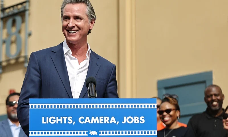 LOS ANGELES, CALIFORNIA - OCTOBER 27: California Governor Gavin Newsom speaks during a press conference at Raleigh Studios unveiling a vast expansion of California’s Film and Television Credit Program on October 27, 2024 in Los Angeles, California. Newsom and Los Angeles Mayor Karen Bass announced a proposal which would expand the program to $750 million annually, a major increase from the $330 million currently allocated, amid sluggish film and TV productions in Hollywood and across California. (Photo by Mario Tama/Getty Images)