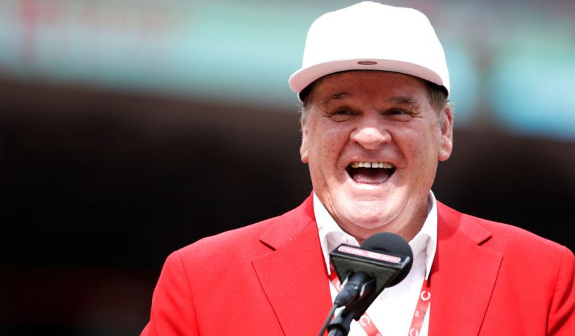 CINCINNATI, OH - JUNE 17: Former Cincinnati Reds great Pete Rose reacts during a statue dedication ceremony prior to a game against the Los Angeles Dodgers at Great American Ball Park on June 17, 2017 in Cincinnati, Ohio. The Dodgers defeated the Reds 10-2. (Photo by Joe Robbins/Getty Images)