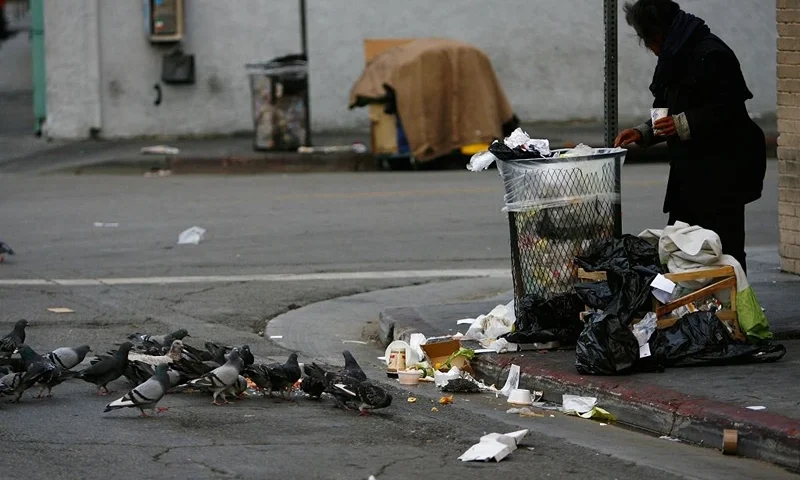 LOS ANGELES, CA - OCTOBER 12: Pigeons feed on scraps of a pizza as a homeless person looks for food in a trash can along Wall Street where the homeless have waken up before dawn to dismantle their beds and encampments before businesses open October 12, 2007 in the downtown Skid Row area of Los Angeles, California. Los Angeles city officials recently settled a 2003 lawsuit brought by advocates for homeless skid row residents who complained of being arrested for sleeping on sidewalks, despite having nowhere else to go. Under the new deal, people can sleep on Los Angeles sidewalks between 9 p.m. to 6 a.m. as long as they do not block doorways or driveways, or completely block the sidewalk. Los Angeles is often referred to as the homeless capital of the nation because of its estimated 40,144 people living on city streets and 73,000 homeless spread across the county, according to recent figures attributed to the Los Angeles Homeless Services Authority, The 73,000 homeless include 10,000 minors, 24,505 people suffering from a mental illness, 8,453 military veterans, and nearly 7,200 victims of domestic abuse. (Photo by David McNew/Getty Images)