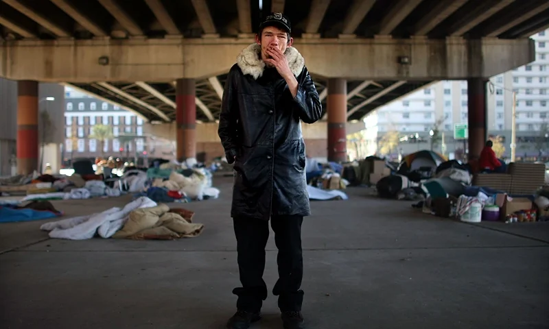 NEW ORLEANS - DECEMBER 16: Homeless man Jack Halterman stands beneath Interstate 10 where over 100 homeless people sleep each night December 16, 2007 in New Orleans, Louisiana. Affordable housing stocks have dwindled with rents rising 45 percent and homelessness has more than doubled to almost 12,000 individuals in New Orleans following Hurricane Katrina. (Photo by Mario Tama/Getty Images)