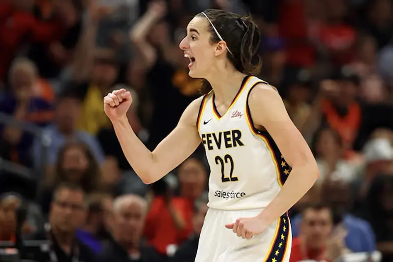 Indiana Fever guard Caitlin Clark (22) reacts during the second half of the game against the Phoenix Mercury at Footprint Center. Mandatory Credit: Mark J. Rebilas-USA TODAY Sports/File Photo