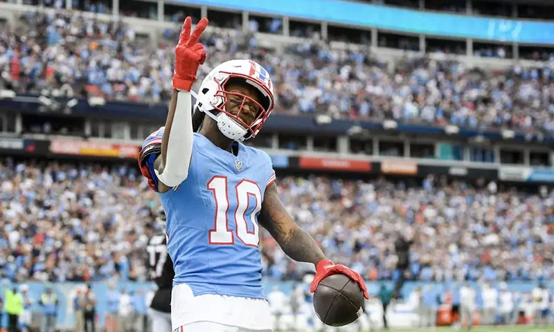 Tennessee Titans wide receiver DeAndre Hopkins (10) celebrates his third touchdown of the game against the Atlanta Falcons during the second half at Nissan Stadium. Mandatory Credit: Steve Roberts-USA TODAY Sports/File Photo