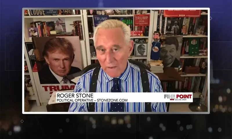 Video still from Fine Point on One America News Network during an interview with the guest, Roger Stone.