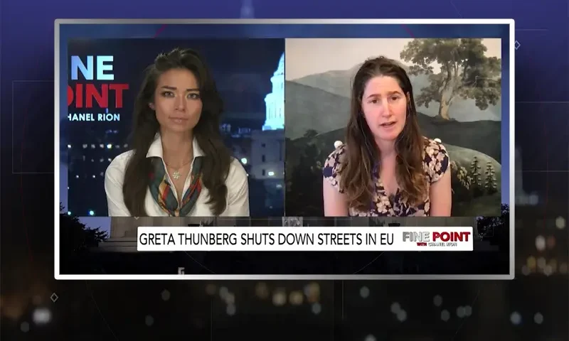 Video still from Fine Point on One America News Network showing a split screen of the host on the left side, and on the right side is the guest, Phoebe Nir.
