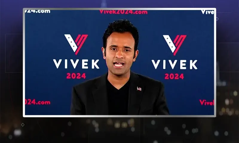 Video still from Ivory Hecker Tonight on One America News Network during an interview with the guest, Vivek Ramaswamy.