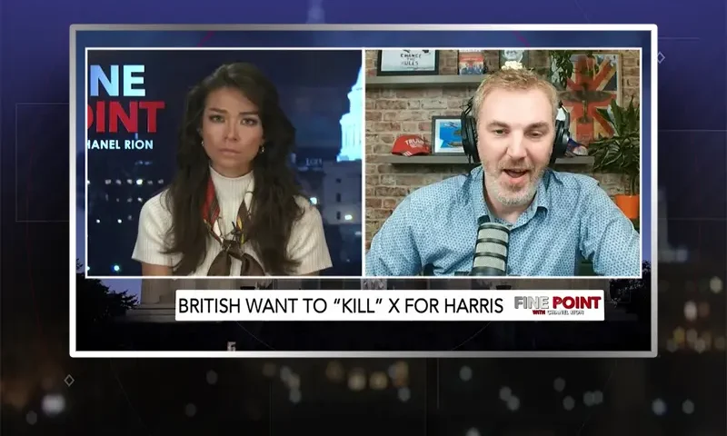 Video still from Fine Point on One America News Network showing a split screen of the host on the left side, and on the right side is the guest, Peter McIlvenna.