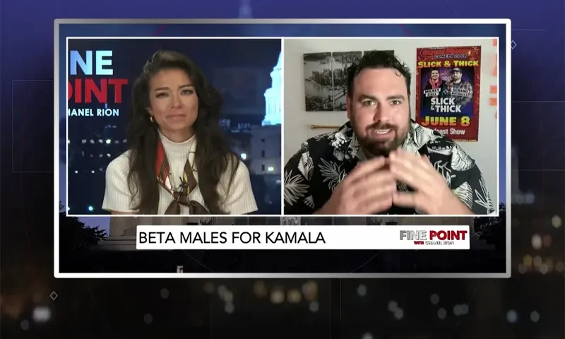 Video still from Fine Point on One America News Network showing a split screen of the host on the left side, and on the right side is the guest, Gerard Michels.