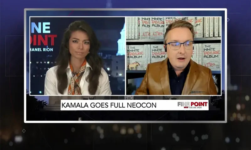 Video still from Fine Point on One America News Network showing a split screen of the host on the left side, and on the right side is the guest, AJ Rice.