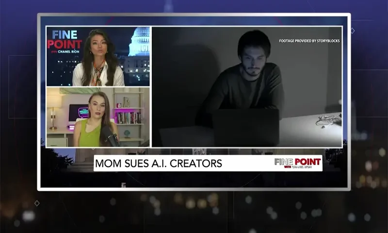 Video still from Fine Point on One America News Network during an interview with the guest, Breanna Morello.