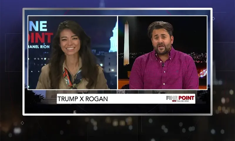 Video still from Fine Point on One America News Network showing a split screen of the host on the left side, and on the right side is the guest, Nick Adams.