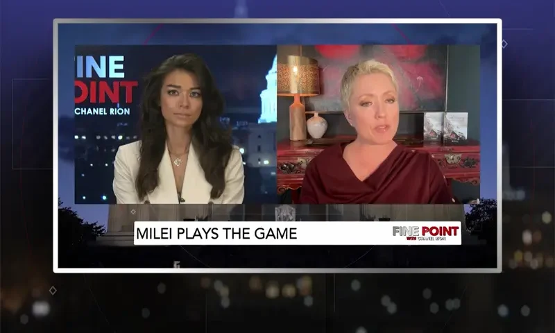 Video still from Fine Point on One America News Network showing a split screen of the host on the left side, and on the right side is the guest, Dr. Shea Bradley-Farrell.