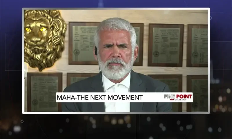 Video still from Fine Point on One America News Network during an interview with the guest, Dr. Robert Malone.