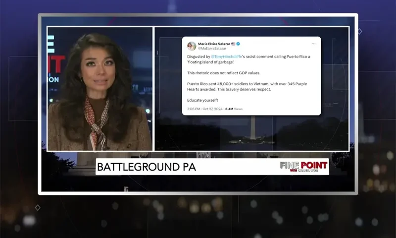 Video still of the host of Fine Point at the desk of their talk show on One America News Network.