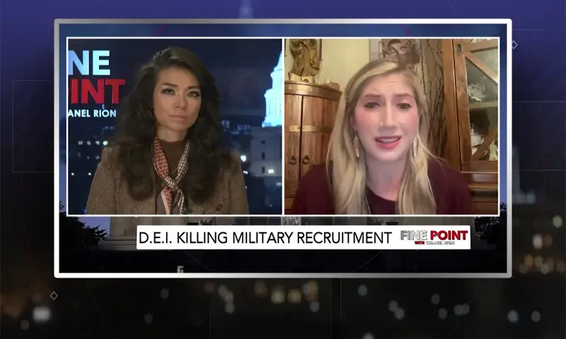 Video still from Fine Point on One America News Network showing a split screen of the host on the left side, and on the right side is the guest, Nicole Kiprilov.