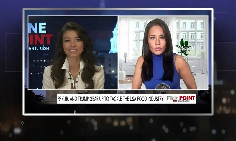 Video still from Fine Point on One America News Network showing a split screen of the host on the left side, and on the right side is the guest, Cara Castronuova.