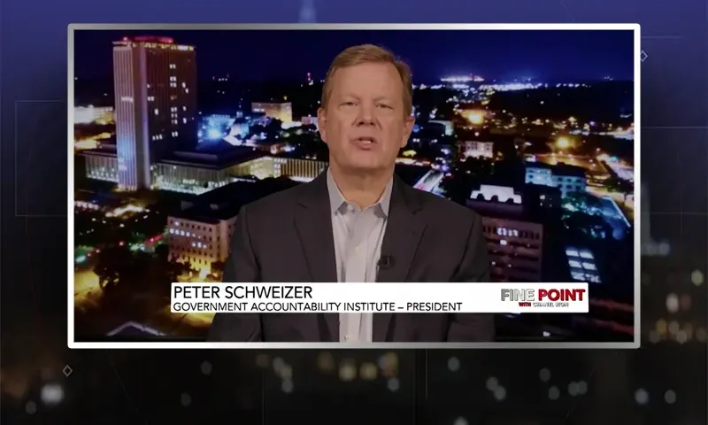 Video still from Fine Point on One America News Network during an interview with the guest, Peter Schweizer.