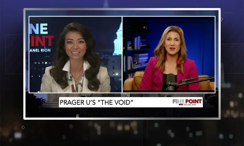 Video still from Fine Point on One America News Network showing a split screen of the host on the left side, and on the right side is the guest, Jill Simonian.