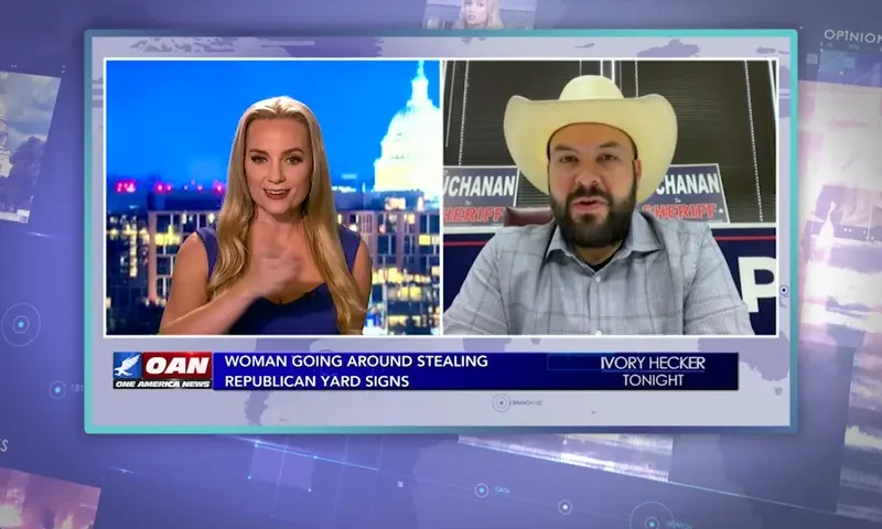 Video still from Ivory Hecker Tonight on One America News Network showing a split screen of the host on the left side, and on the right side is the guest, Nathan Buchanan.