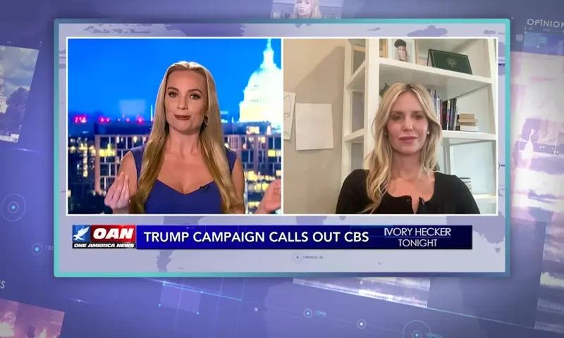 Video still from Ivory Hecker Tonight on One America News Network showing a split screen of the host on the left side, and on the right side is the guest, Brittney Hopper.