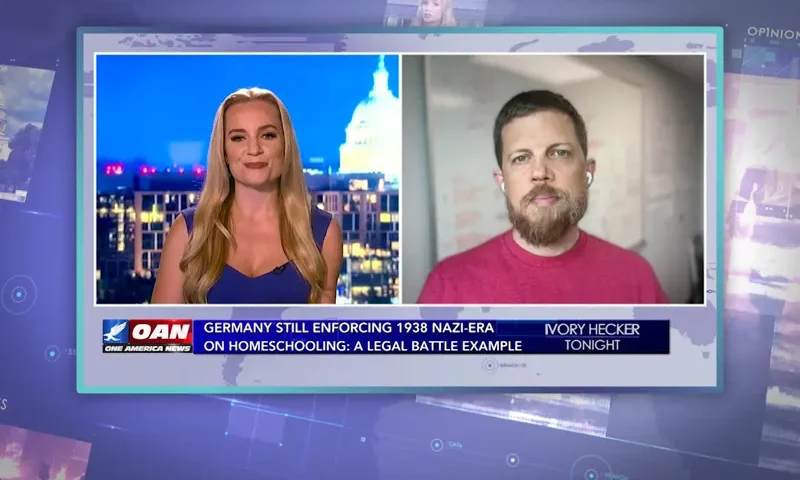 Video still from Ivory Hecker Tonight on One America News Network showing a split screen of the host on the left side, and on the right side is the guest, Connor Boyack.