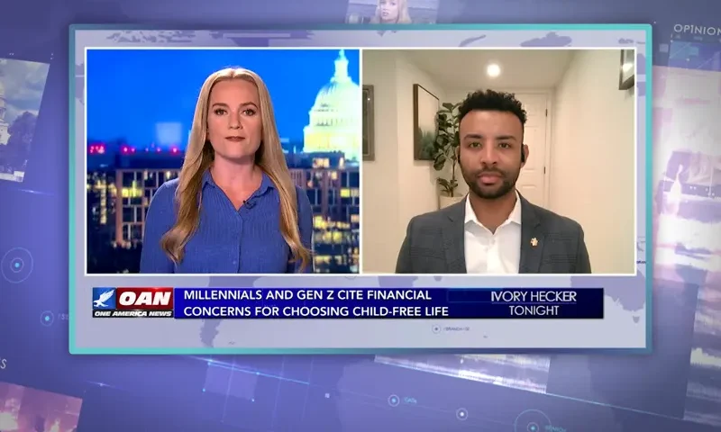 Video still from Ivory Hecker Tonight on One America News Network showing a split screen of the host on the left side, and on the right side is the guest, Harrison Fields.