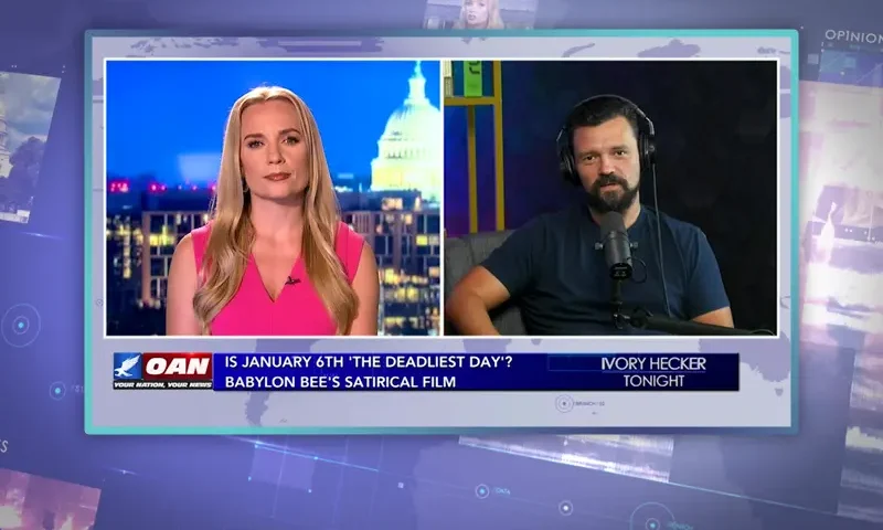 Video still from Ivory Hecker Tonight on One America News Network showing a split screen of the host on the left side, and on the right side is the guest, Kyle Mann.
