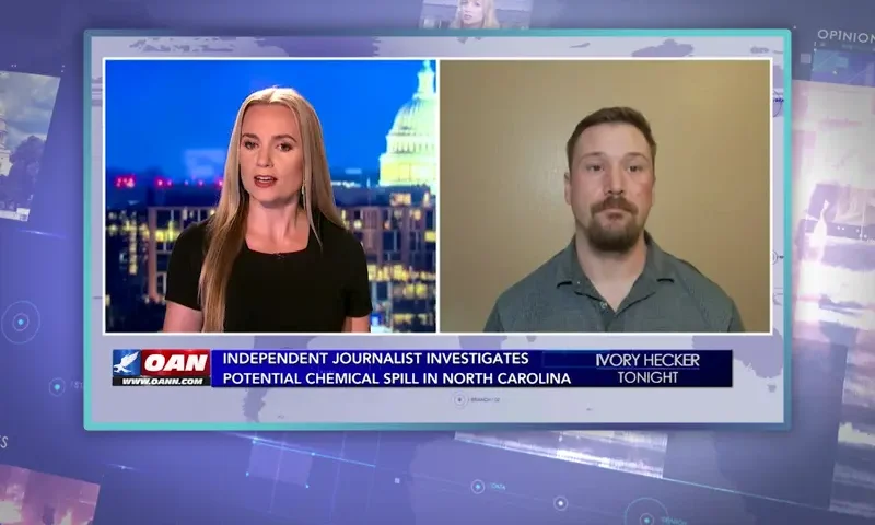 Video still from Ivory Hecker Tonight on One America News Network showing a split screen of the host on the left side, and on the right side is the guest, Taylor Cramer.