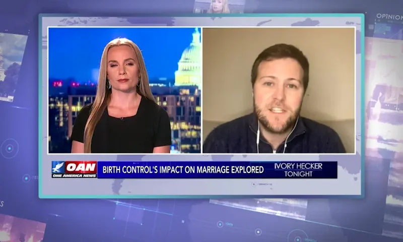 Video still from Ivory Hecker Tonight on One America News Network showing a split screen of the host on the left side, and on the right side is the guest, Dr. Calum Miller.