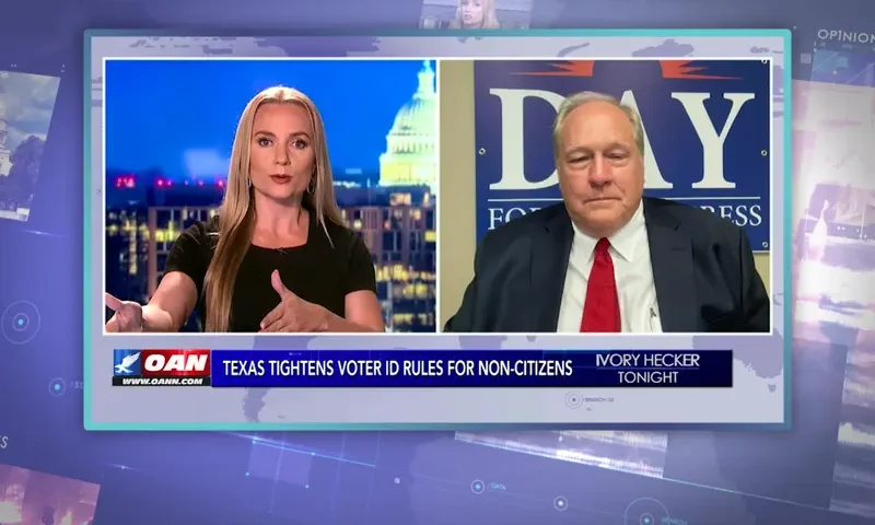 Video still from Ivory Hecker Tonight on One America News Network showing a split screen of the host on the left side, and on the right side is the guest, Darrell Day.