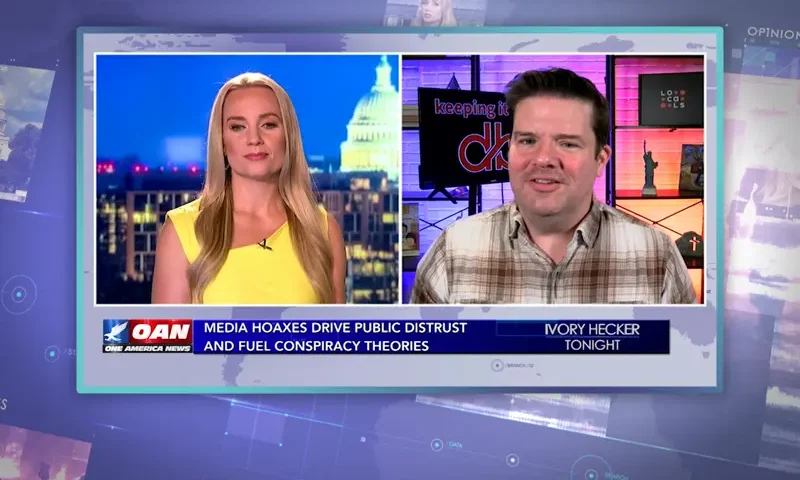 Video still from Ivory Hecker Tonight on One America News Network showing a split screen of the host on the left side, and on the right side is the guest, Dave Bondy.