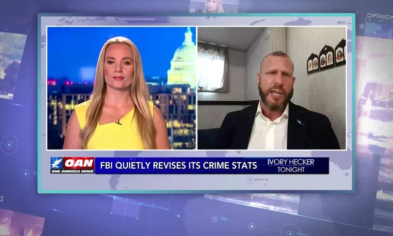 Video still from Ivory Hecker Tonight on One America News Network showing a split screen of the host on the left side, and on the right side is the guest, Eric Dym.