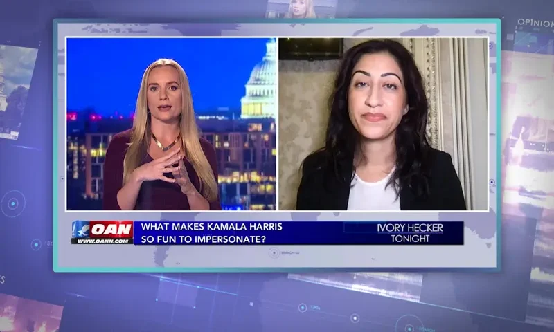 Video still from Ivory Hecker Tonight on One America News Network showing a split screen of the host on the left side, and on the right side is the guest, Estee Palti.