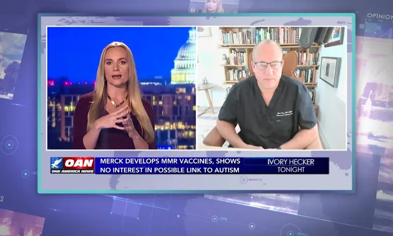 Video still from Ivory Hecker Tonight on One America News Network showing a split screen of the host on the left side, and on the right side is the guest, Dr. Pierre Kory MD, MPA.