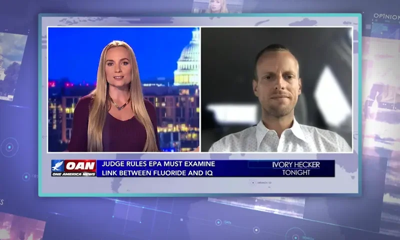 Video still from Ivory Hecker Tonight on One America News Network showing a split screen of the host on the left side, and on the right side is the guest, Justin Harvey.
