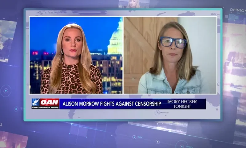 Video still from Ivory Hecker Tonight on One America News Network showing a split screen of the host on the left side, and on the right side is the guest, Alison Morrow.