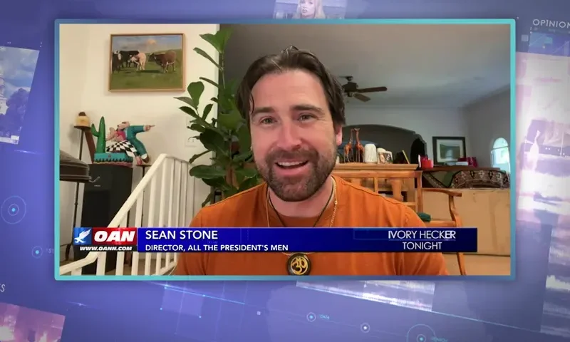 Video still from Ivory Hecker Tonight on One America News Network during an interview with the guest, Sean Stone.