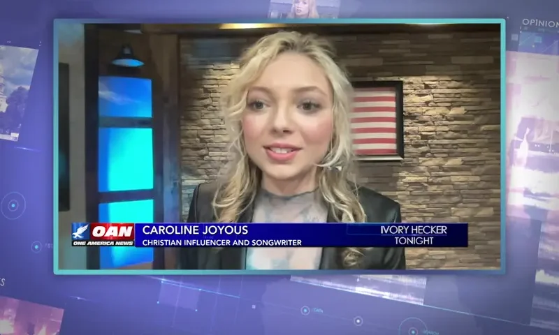 Video still from Ivory Hecker Tonight on One America News Network during an interview with the guest, Caroline Joyous.