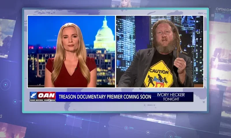 Video still from Ivory Hecker Tonight on One America News Network showing a split screen of the host on the left side, and on the right side is the guest, Matt Baker.